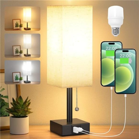 Bedside Table Lamp with 3 Levels Brightness Small Lamp with USB Port Night Light - Picture 1 of 6